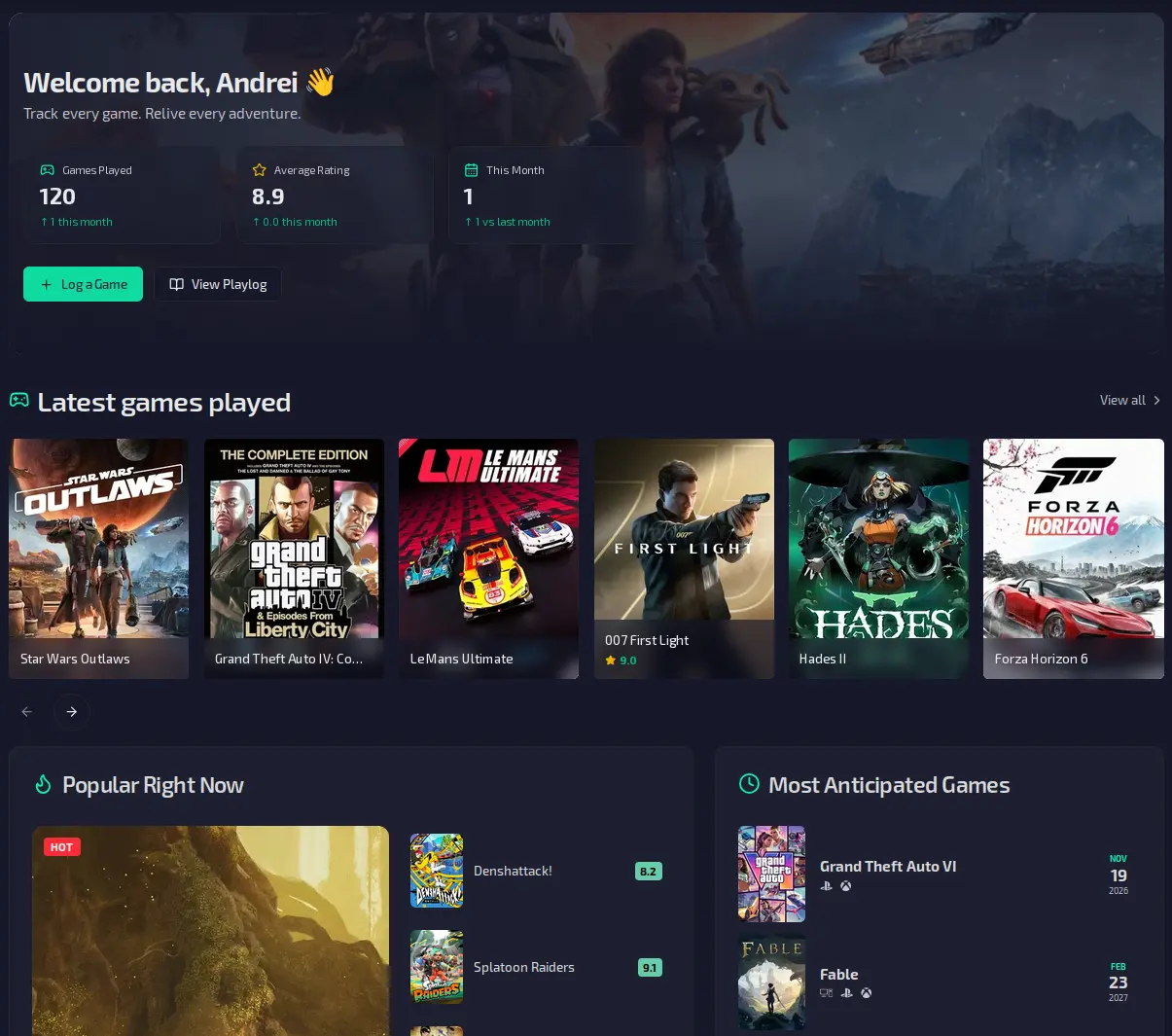 playedify game tracker dashboard showing game library and stats